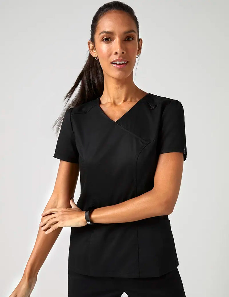 Jaanuu Scrubs Women's Mock Wrap Neck Top Black | scrub-supply.com