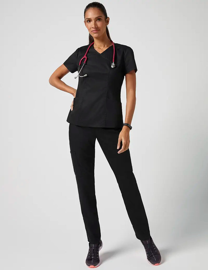 Jaanuu Scrubs Women's Mock Wrap Neck Top Black | scrub-supply.com