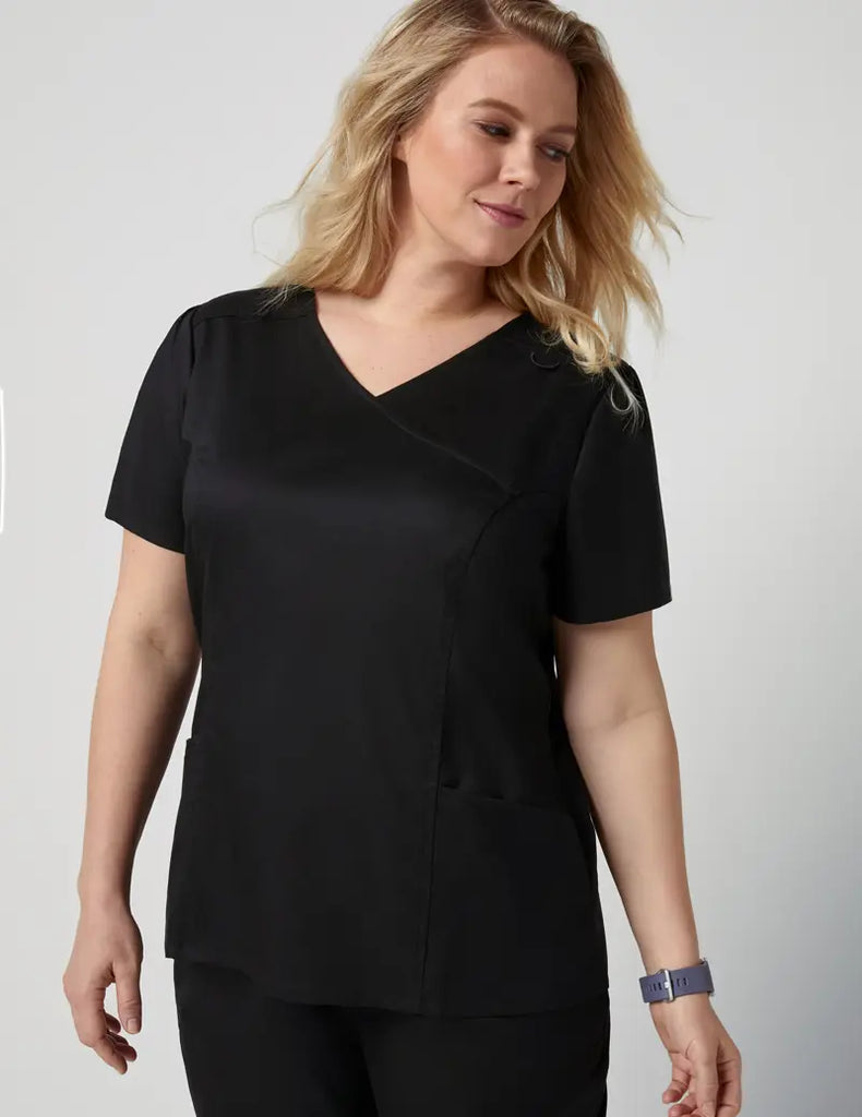 Jaanuu Scrubs Women's Mock Wrap Neck Top Black | scrub-supply.com