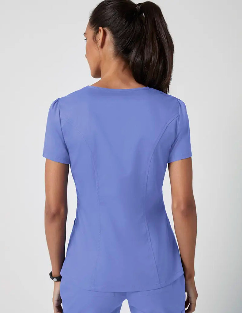 Jaanuu Scrubs Women's Mock Wrap Neck Top Ceil Blue | scrub-supply.com