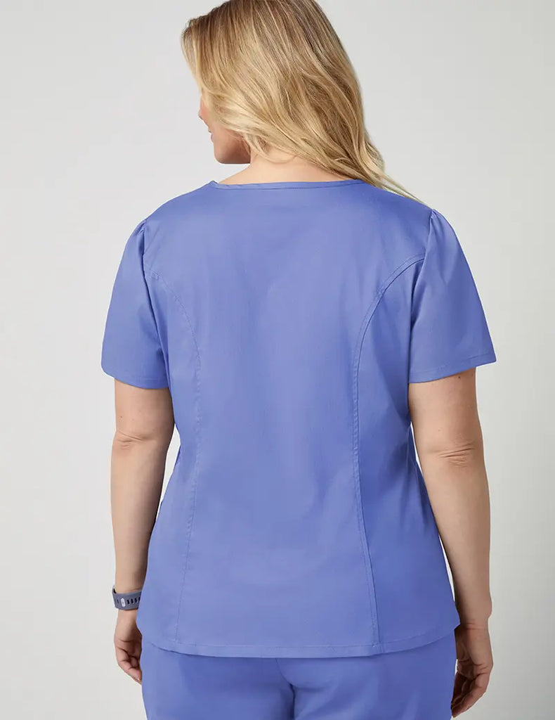 Jaanuu Scrubs Women's Mock Wrap Neck Top Ceil Blue | scrub-supply.com