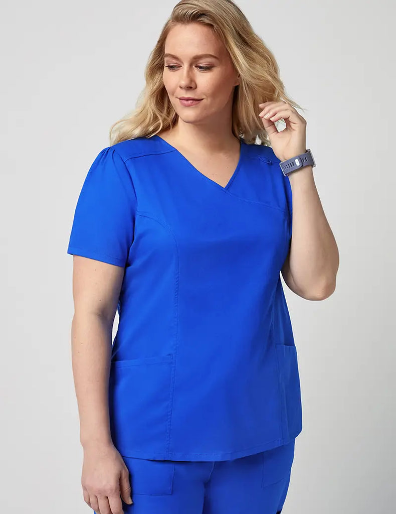 Jaanuu Scrubs Women's Mock Wrap Neck Top Royal Blue | scrub-supply.com