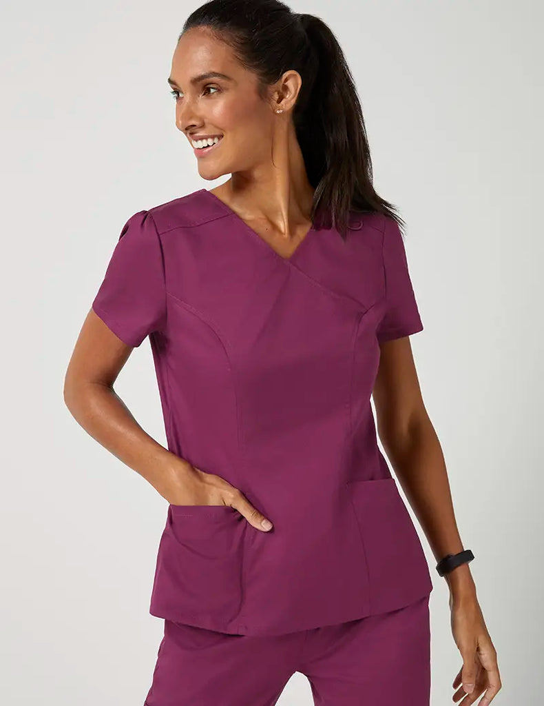 Jaanuu Scrubs Women's Mock Wrap Neck Top Wine | scrub-supply.com