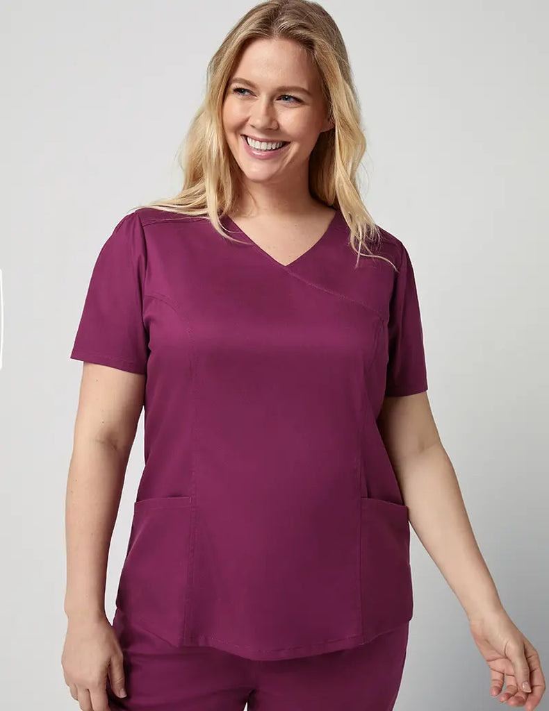 Jaanuu Scrubs Women's Mock Wrap Neck Top Wine | scrub-supply.com