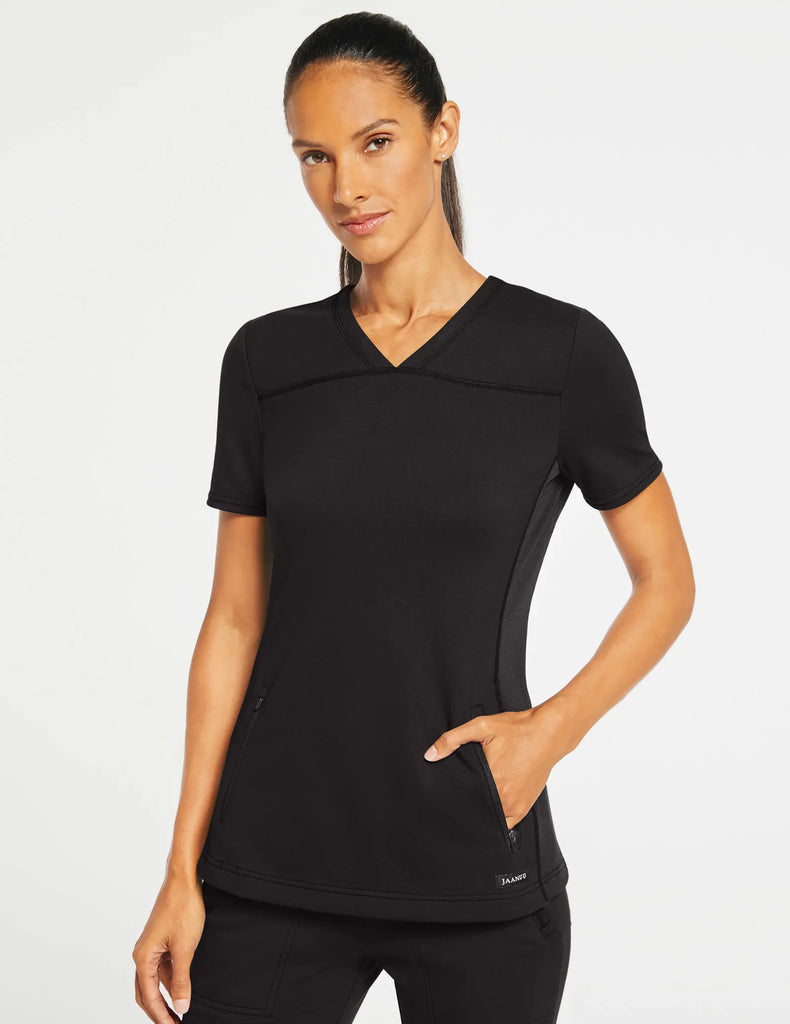 Jaanuu Scrubs Women's 2-Pocket Side-Rib Scrub Top Black | scrub-supply.com