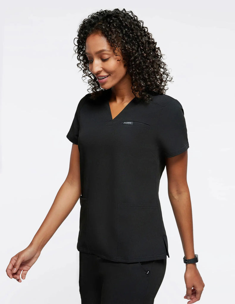 Jaanuu Scrubs Women's 3-Pocket Scrub Top Black | scrub-supply.com