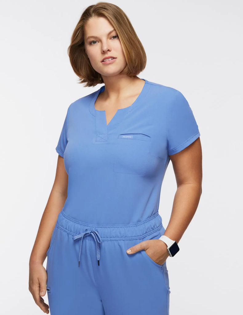 Jaanuu Scrubs Women's 1-Pocket Tuck-In Scrub Top Ceil Blue | scrub-supply.com