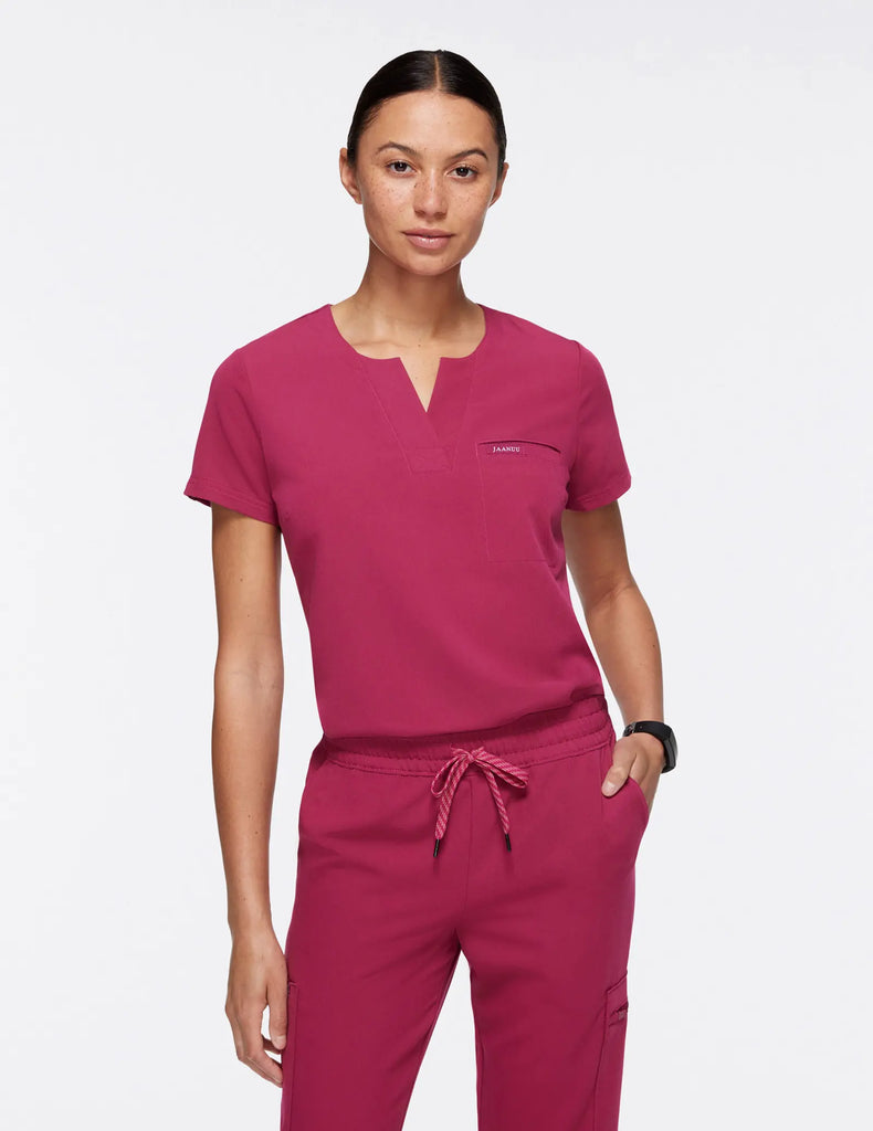 Jaanuu Scrubs Women's 1-Pocket Tuck-In Scrub Top Deep Fuchsia | scrub-supply.com