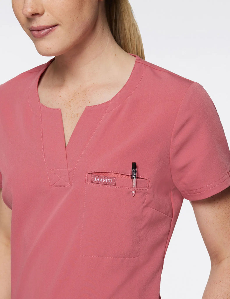 Jaanuu Scrubs Women's 1-Pocket Tuck-In Scrub Top Dusty Rose | scrub-supply.com