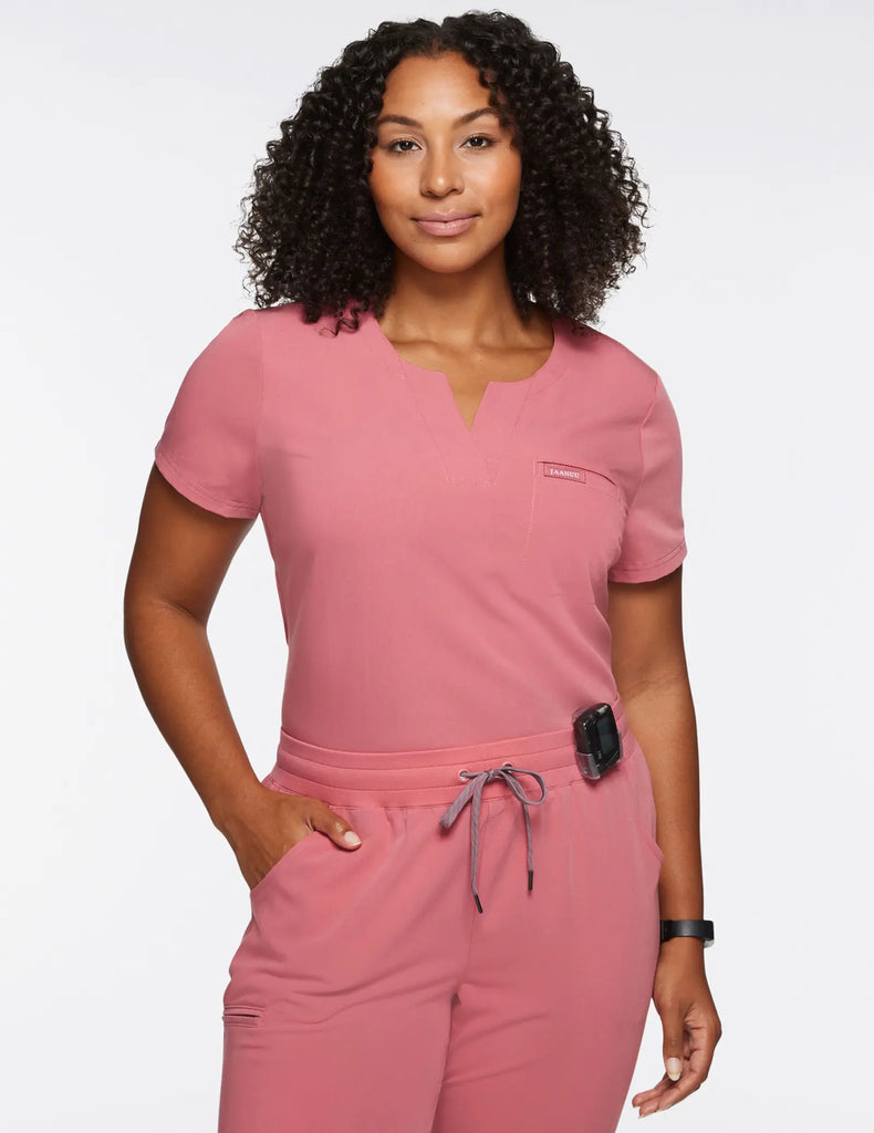 Jaanuu Scrubs Women's 1-Pocket Tuck-In Scrub Top Dusty Rose | scrub-supply.com