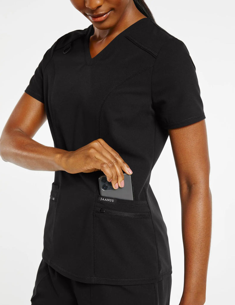 Jaanuu Scrubs Women's 4-Pocket D-Ring Top Black | scrub-supply.com