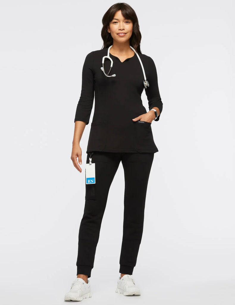 Jaanuu Scrubs Women's 3/4 Sleeve Crewneck Scrub Top Black | scrub-supply.com