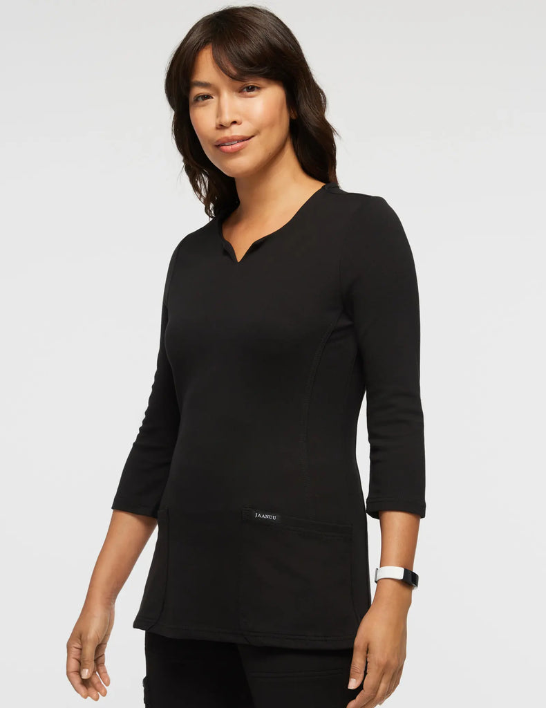 Jaanuu Scrubs Women's 3/4 Sleeve Crewneck Scrub Top Black | scrub-supply.com