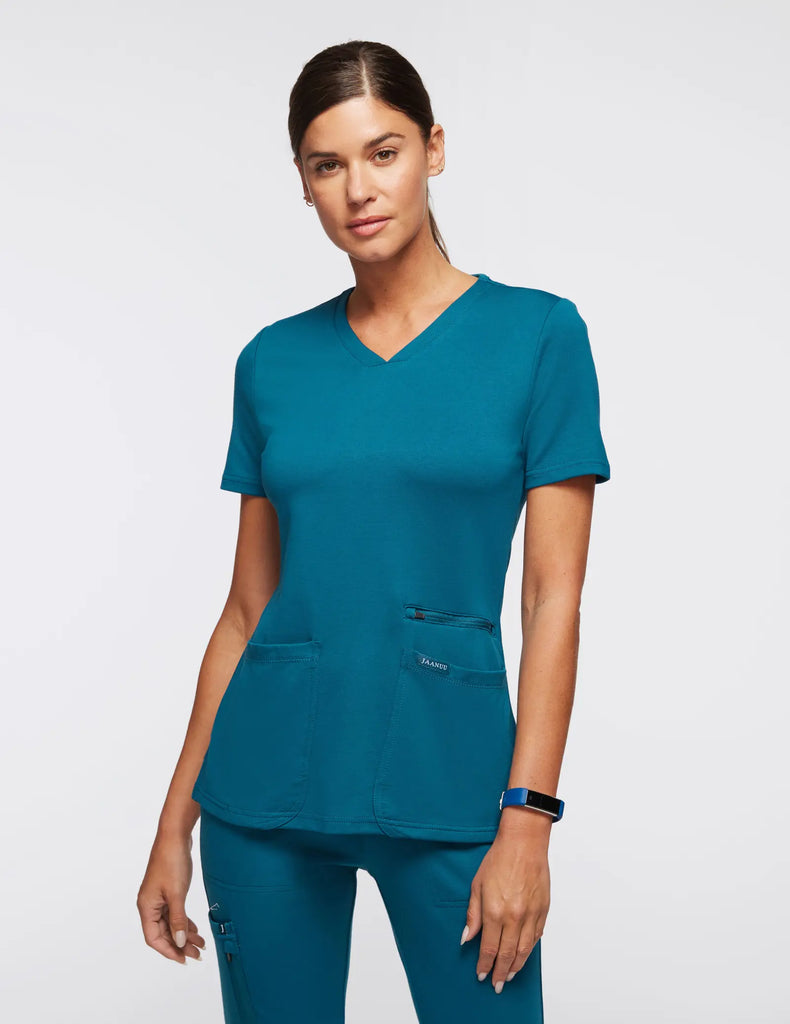 Jaanuu Scrubs Women's 4-Pocket V-Neck Scrub Top Caribbean Blue | scrub-supply.com