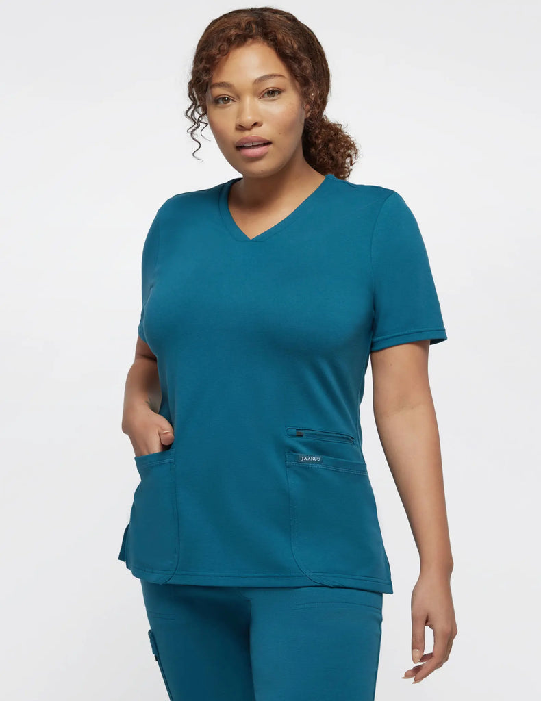 Jaanuu Scrubs Women's 4-Pocket V-Neck Scrub Top Caribbean Blue | scrub-supply.com