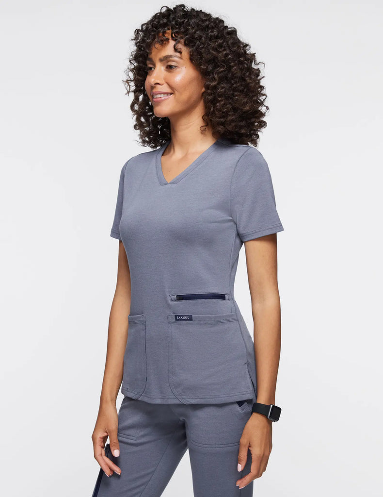 Jaanuu Scrubs Women's 4-Pocket V-Neck Scrub Top Heather Navy | scrub-supply.com