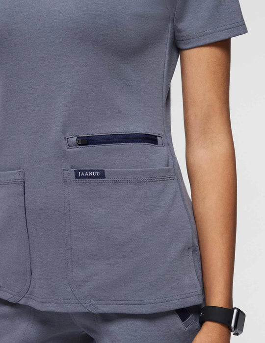 Jaanuu Scrubs Women's 4-Pocket V-Neck Scrub Top Heather Navy | scrub-supply.com
