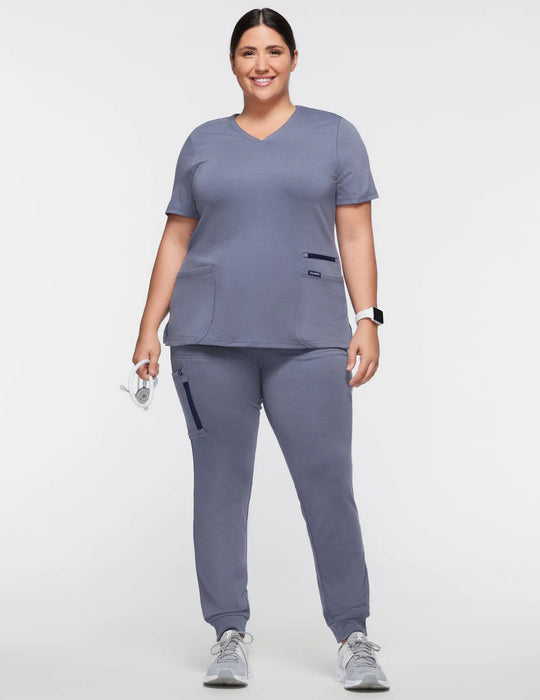 Jaanuu Scrubs Women's 4-Pocket V-Neck Scrub Top Heather Navy | scrub-supply.com