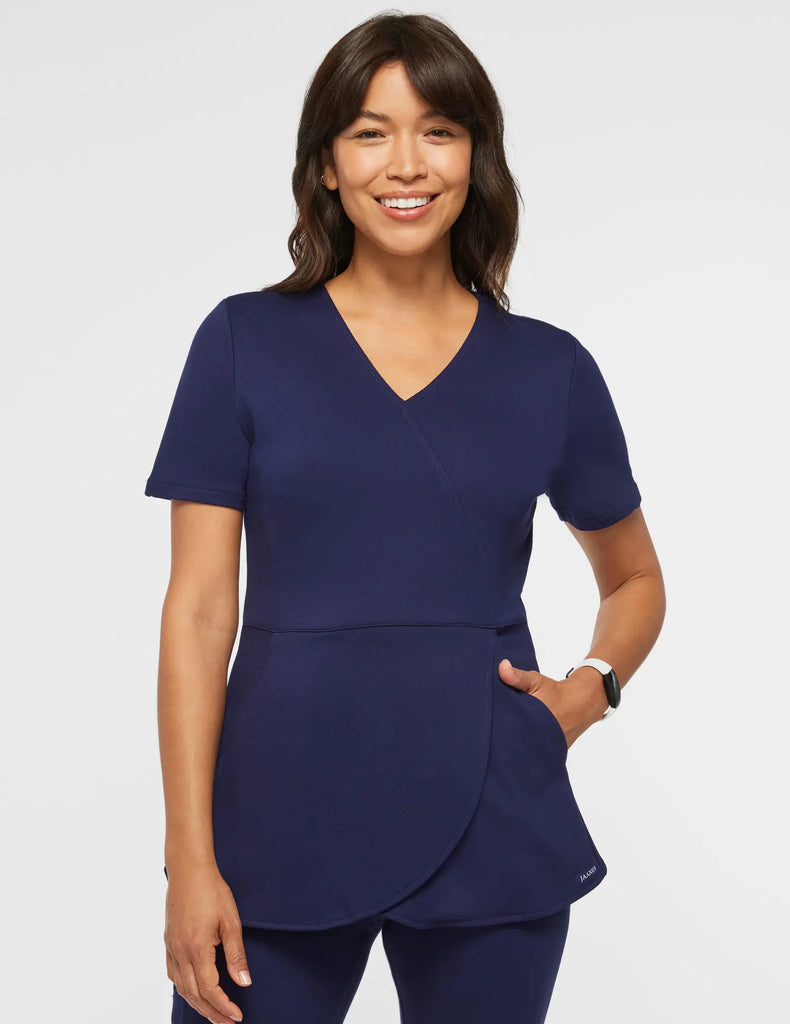 Jaanuu Scrubs Women's Tulip Mock-Wrap Scrub Top Navy | scrub-supply.com