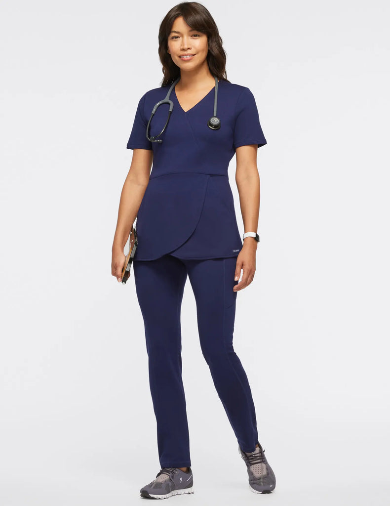 Jaanuu Scrubs Women's Tulip Mock-Wrap Scrub Top Navy | scrub-supply.com