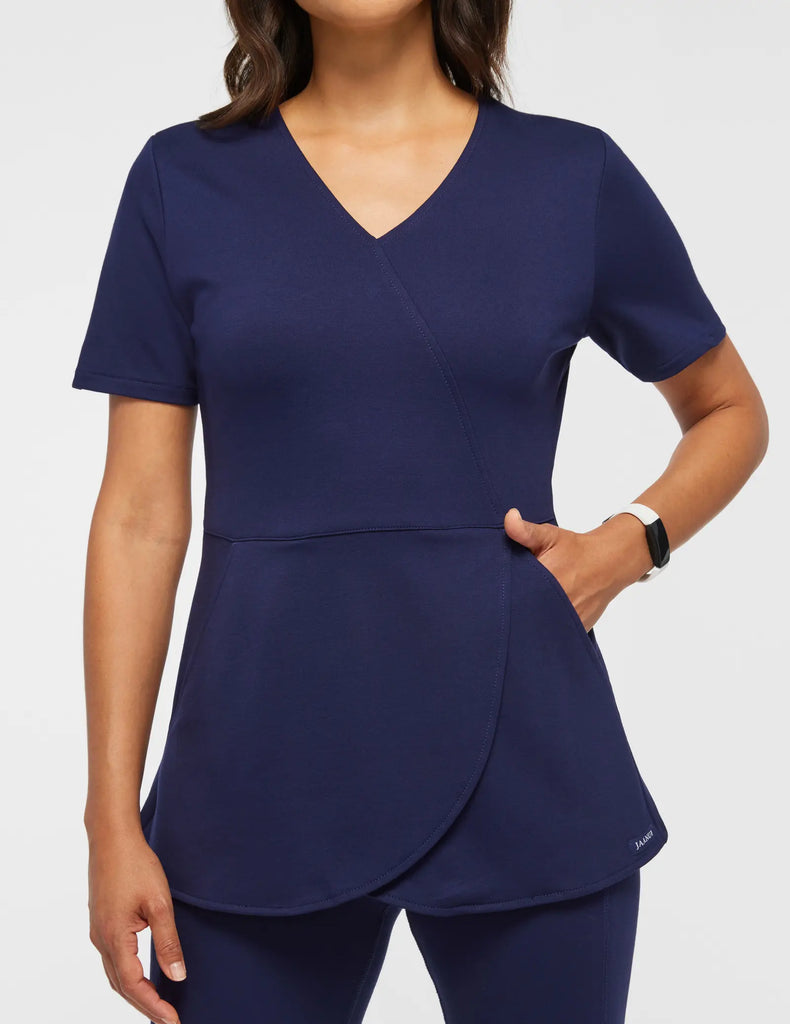 Jaanuu Scrubs Women's Tulip Mock-Wrap Scrub Top Navy | scrub-supply.com