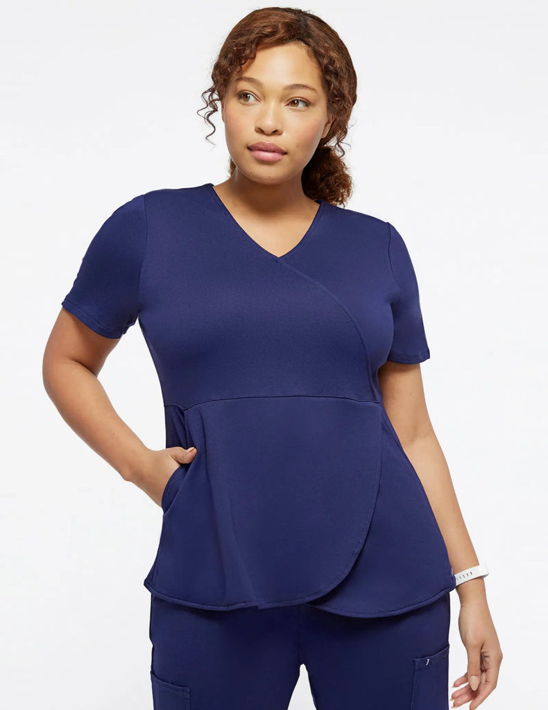 Jaanuu Scrubs Women's Tulip Mock-Wrap Scrub Top Navy | scrub-supply.com