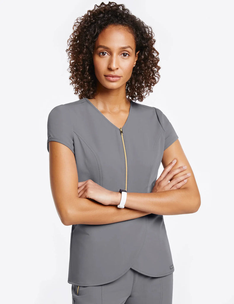 Jaanuu Scrubs Women's Signature Gold Zip Tulip Top Gray | scrub-supply.com