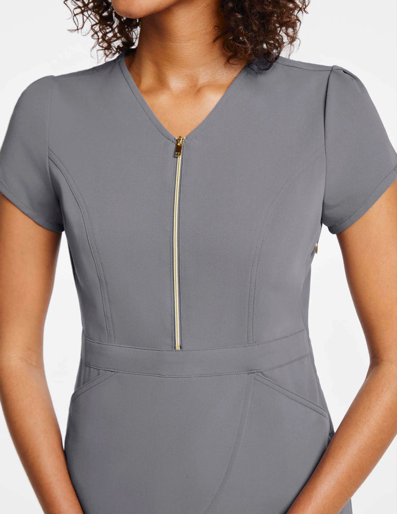 Jaanuu Scrubs Women's Signature Gold Zip Tulip Top Gray | scrub-supply.com