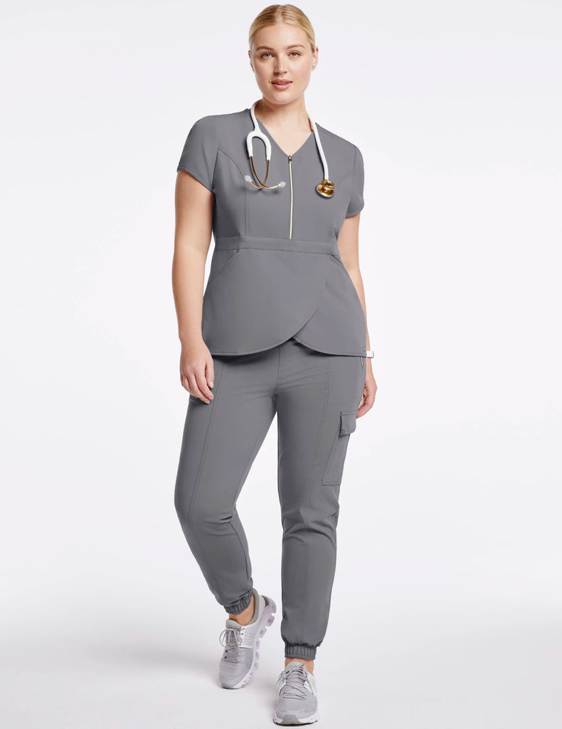 Jaanuu Scrubs Women's Signature Gold Zip Tulip Top Gray | scrub-supply.com