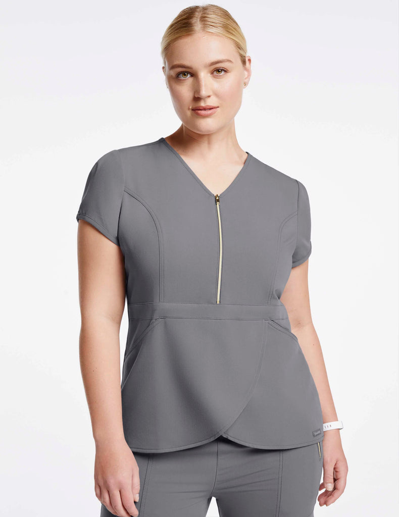 Jaanuu Scrubs Women's Signature Gold Zip Tulip Top Gray | scrub-supply.com