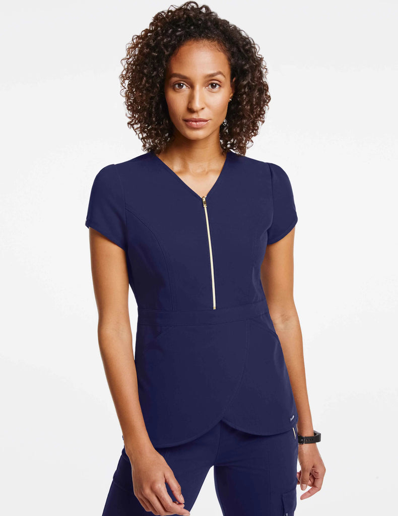 Jaanuu Scrubs Women's Signature Gold Zip Tulip Top Navy | scrub-supply.com