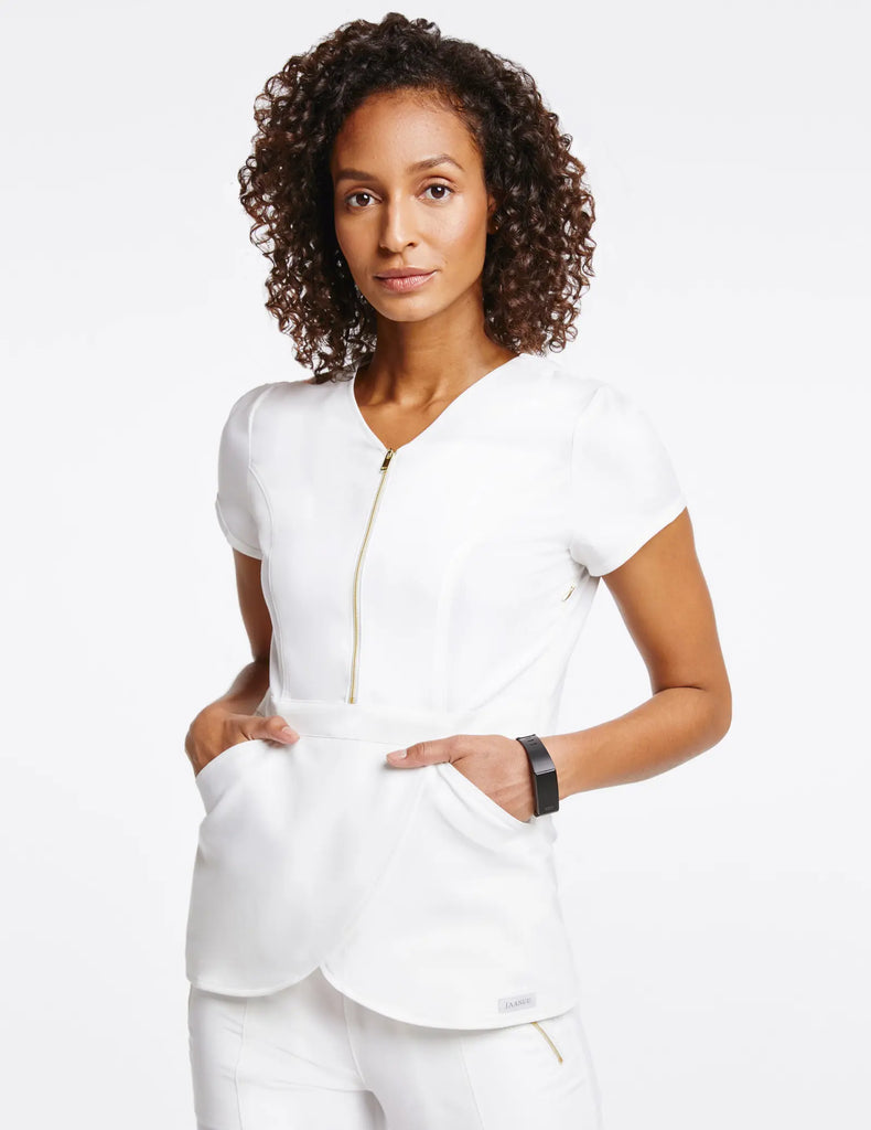 Jaanuu Scrubs Women's Signature Gold Zip Tulip Top White | scrub-supply.com