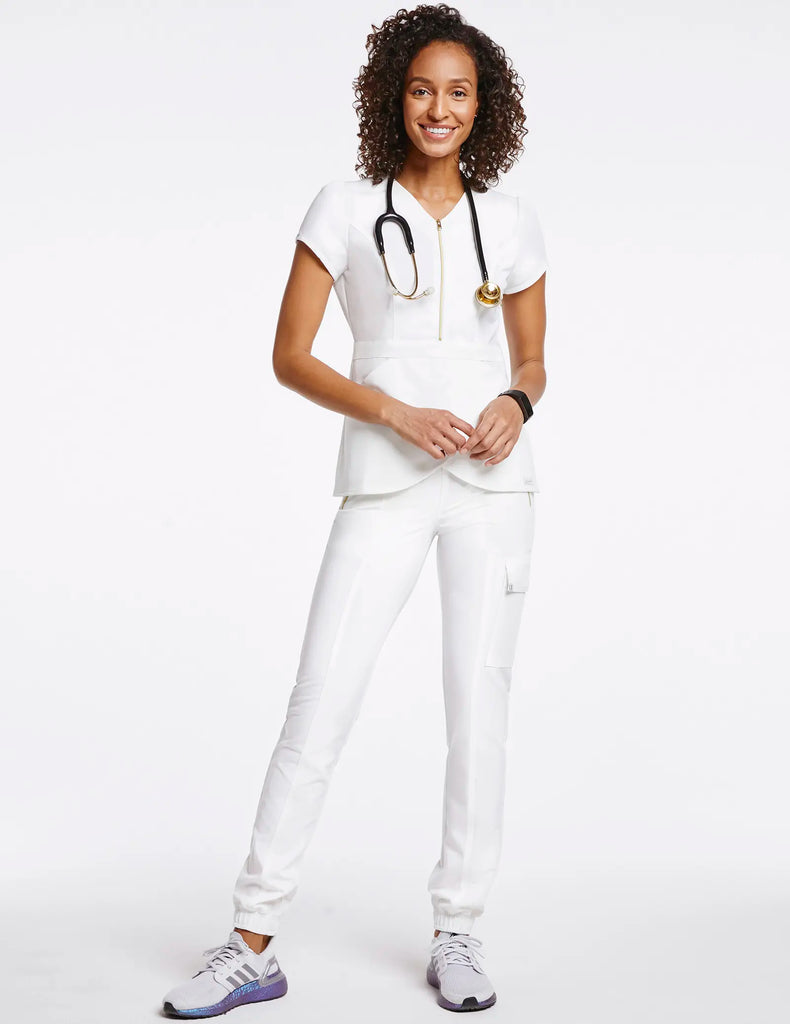 Jaanuu Scrubs Women's Signature Gold Zip Tulip Top White | scrub-supply.com