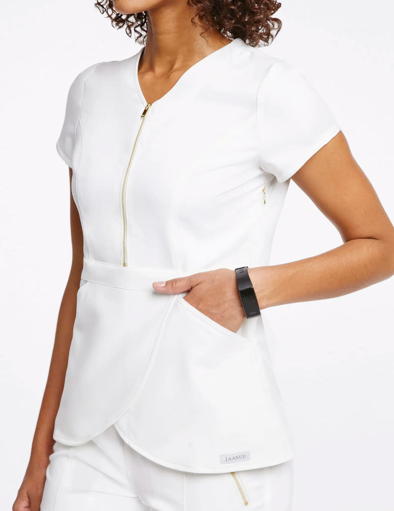 Jaanuu Scrubs Women's Signature Gold Zip Tulip Top White | scrub-supply.com