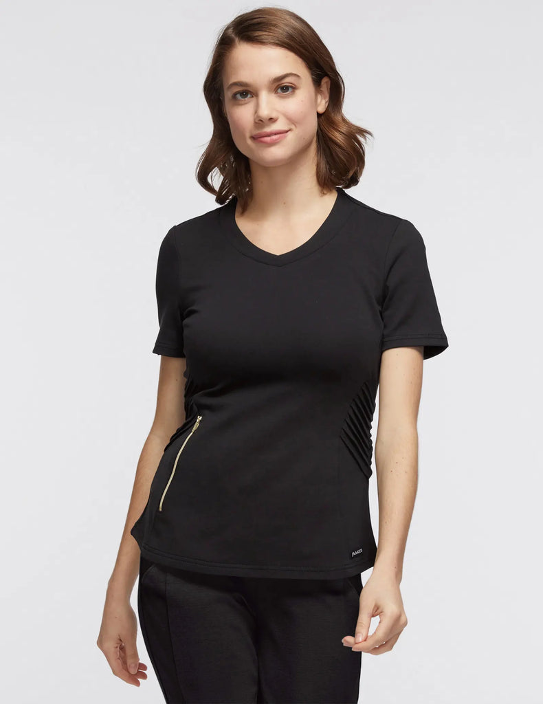 Jaanuu Scrubs Women's Women’s Gold Zip Moto Top Black | scrub-supply.com