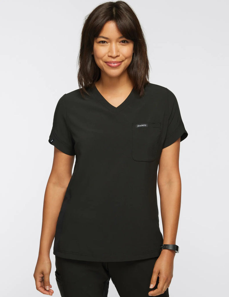 Jaanuu Scrubs Women's Performance V-Neck Scrub Top Black | scrub-supply.com