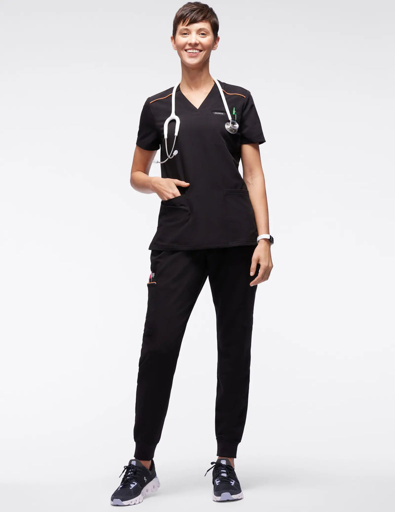 Jaanuu Scrubs Women's Stripe 3-Pocket Scrub Top Black | scrub-supply.com