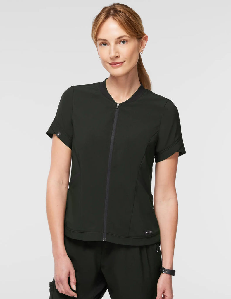 Jaanuu Scrubs Women's Tulip Zip Scrub Top Black | scrub-supply.com