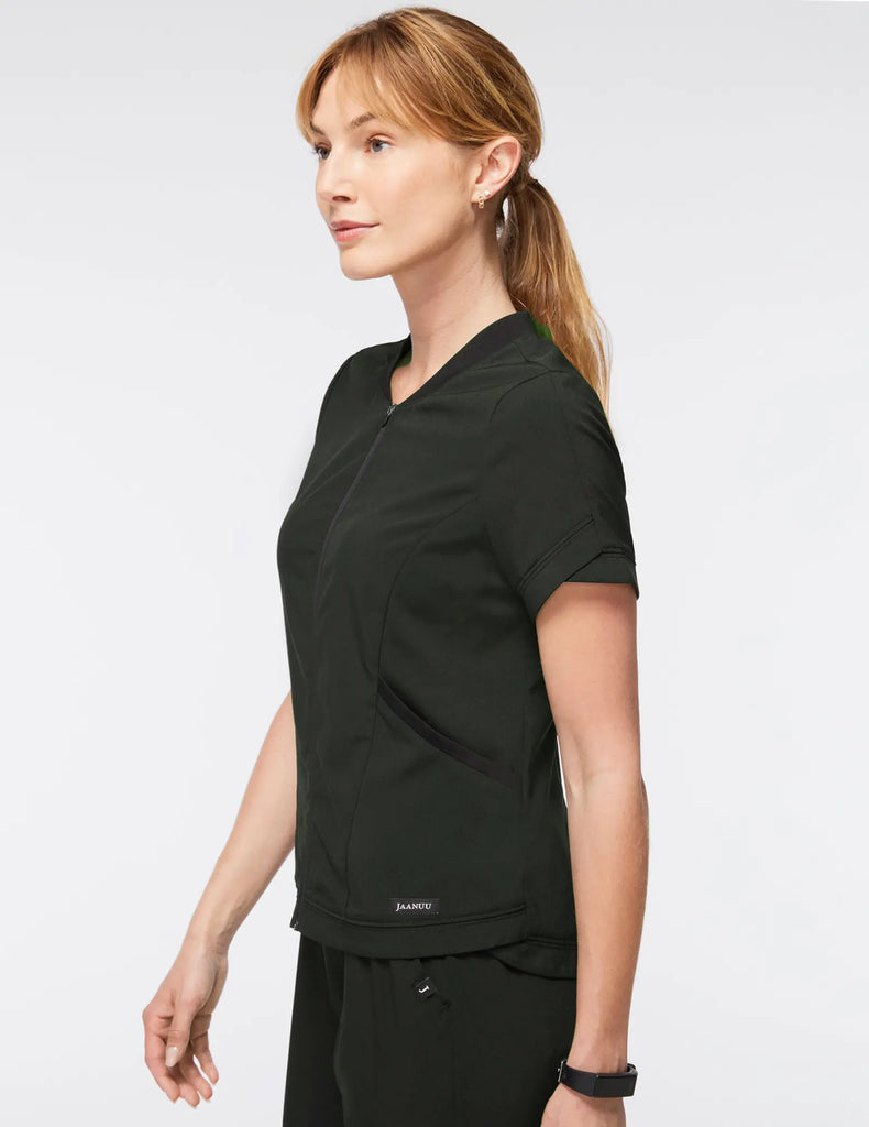 Jaanuu Scrubs Women's Tulip Zip Scrub Top Black | scrub-supply.com