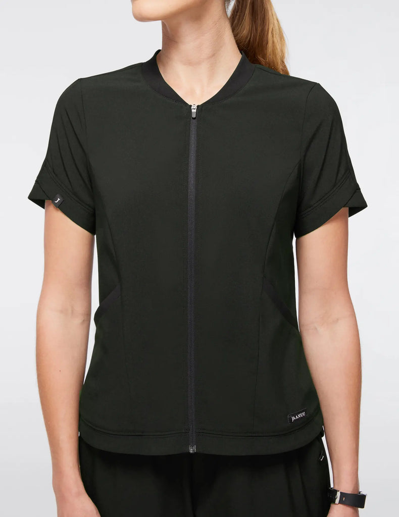 Jaanuu Scrubs Women's Tulip Zip Scrub Top Black | scrub-supply.com