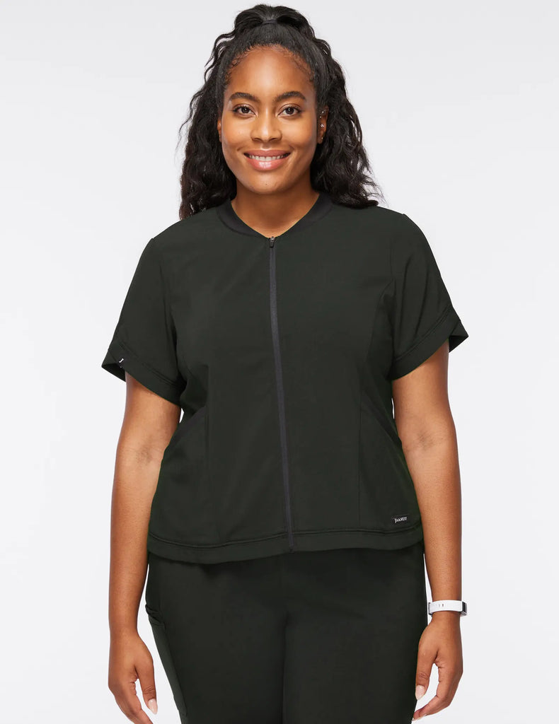 Jaanuu Scrubs Women's Tulip Zip Scrub Top Black | scrub-supply.com