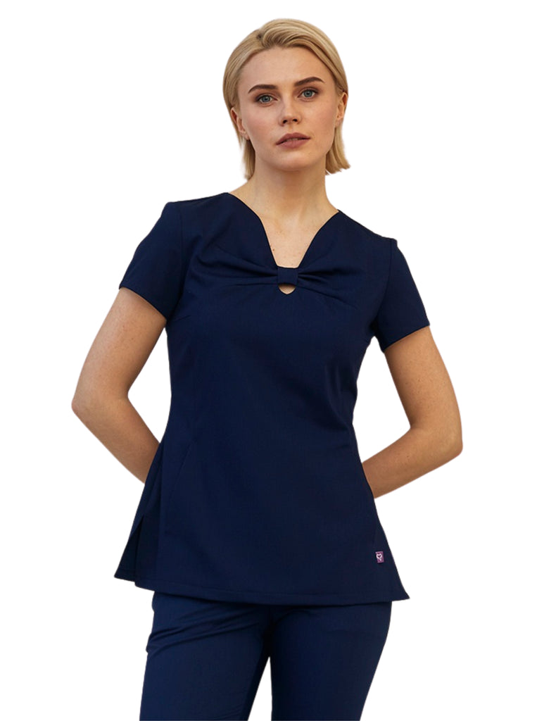 Treat in Style Scrubs Women's Bow Neck Top Blue | scrub-supply.com