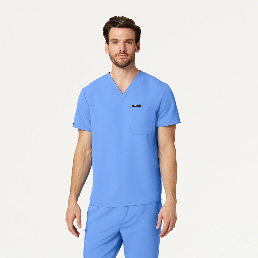 Jaanuu Scrubs Men's Holmes Everyday 1-Pocket Scrub Top Ceil Blue | scrub-supply.com