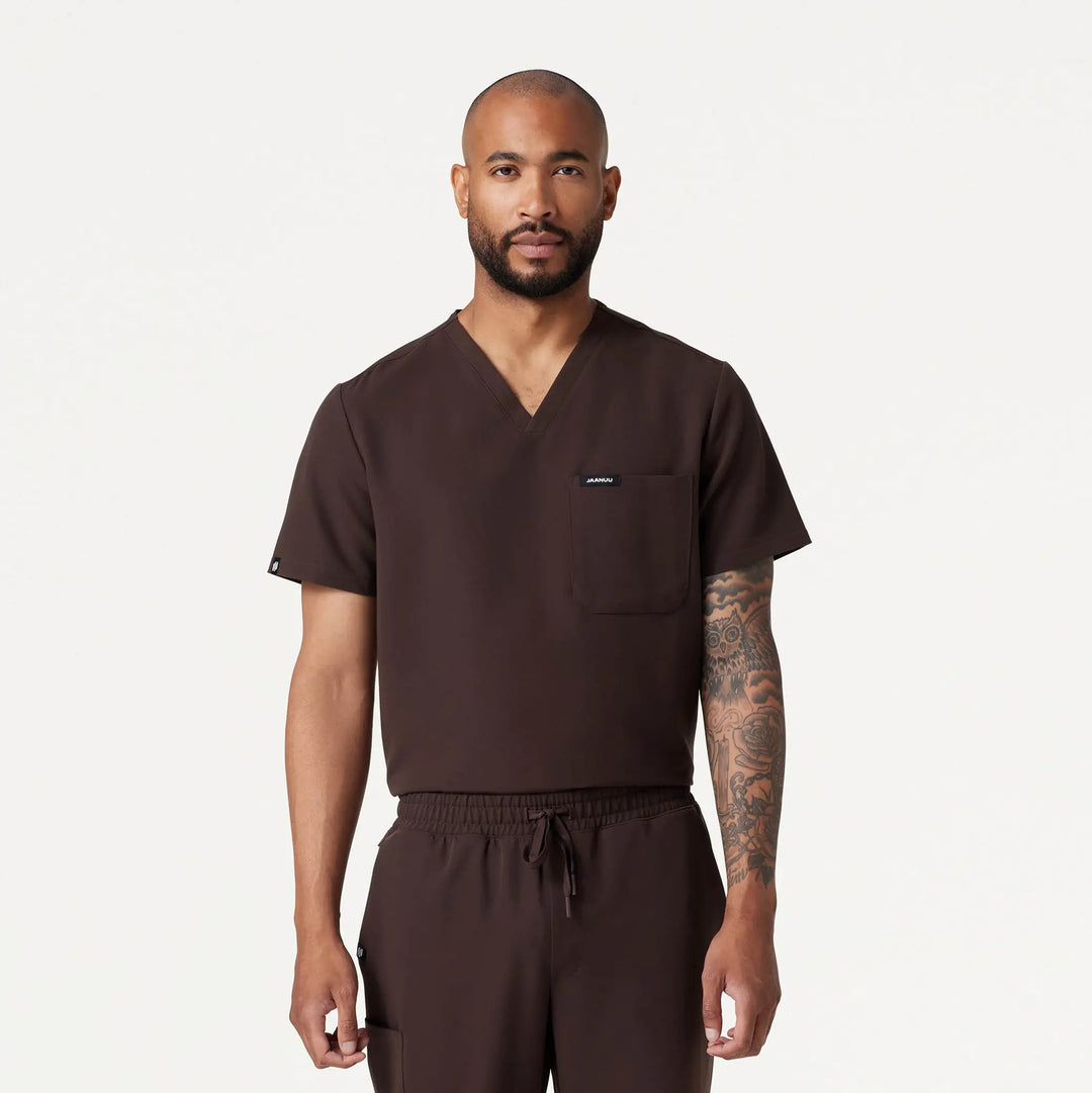 Jaanuu Scrubs Men's Holmes 1-Pocket Scrub Top Espresso | scrub-supply.com