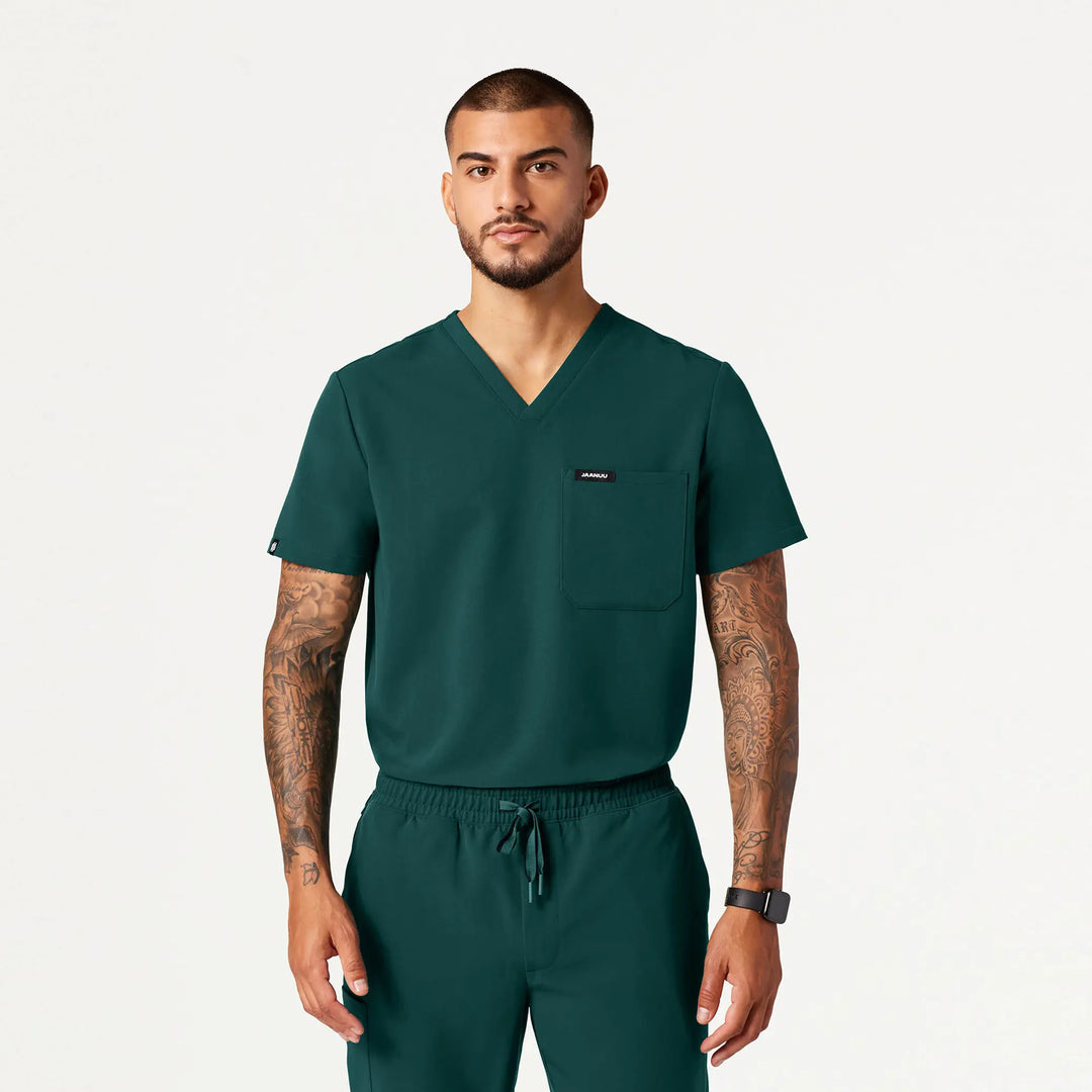 Jaanuu Scrubs Men's Holmes 1-Pocket Scrub Top Midnight Green | scrub-supply.com