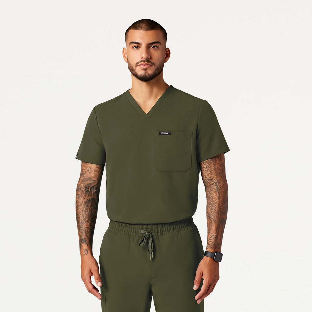 Jaanuu Scrubs Men's Holmes Everyday 1-Pocket Scrub Top Olive | scrub-supply.com