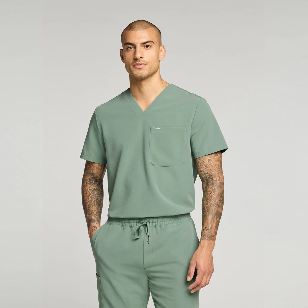 Jaanuu Scrubs Men's Holmes 1-Pocket Scrub Top Sage | scrub-supply.com