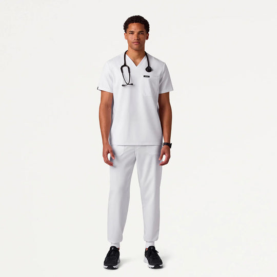 Jaanuu Scrubs Men's Holmes Everyday 1-Pocket Scrub Top White | scrub-supply.com