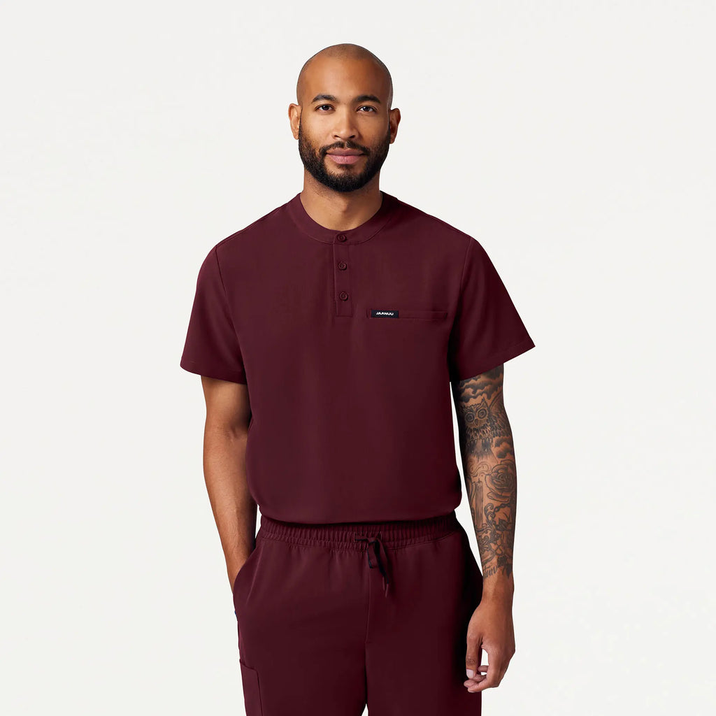 Jaanuu Scrubs Men's Reeve Henley Scrub Top Burgundy | scrub-supply.com