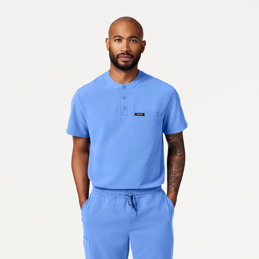 Jaanuu Scrubs Men's Reeve Henley Scrub Top Ceil Blue | scrub-supply.com